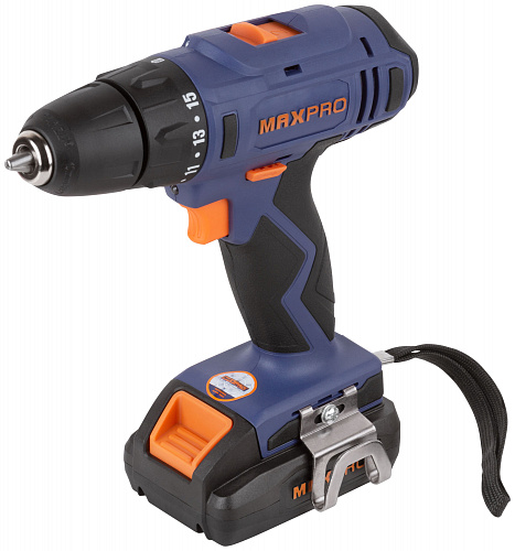 Дрель-Шуруповерт аккумуляторная MAX-PRO 85030, 18 В, 0-350/0-1250 об/мин, 10 мм, 30 Нм, 2 батареи (Li-Ion) х1,5 Ач, 15+1