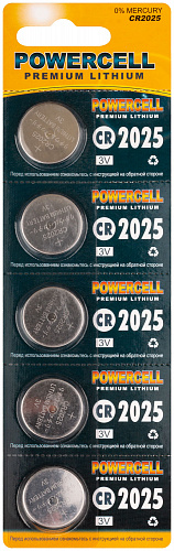 Батарейка литиевая CR2025 3 В, "Таблетка", 5 шт Батарейка литиевая POWERCELL CR2025